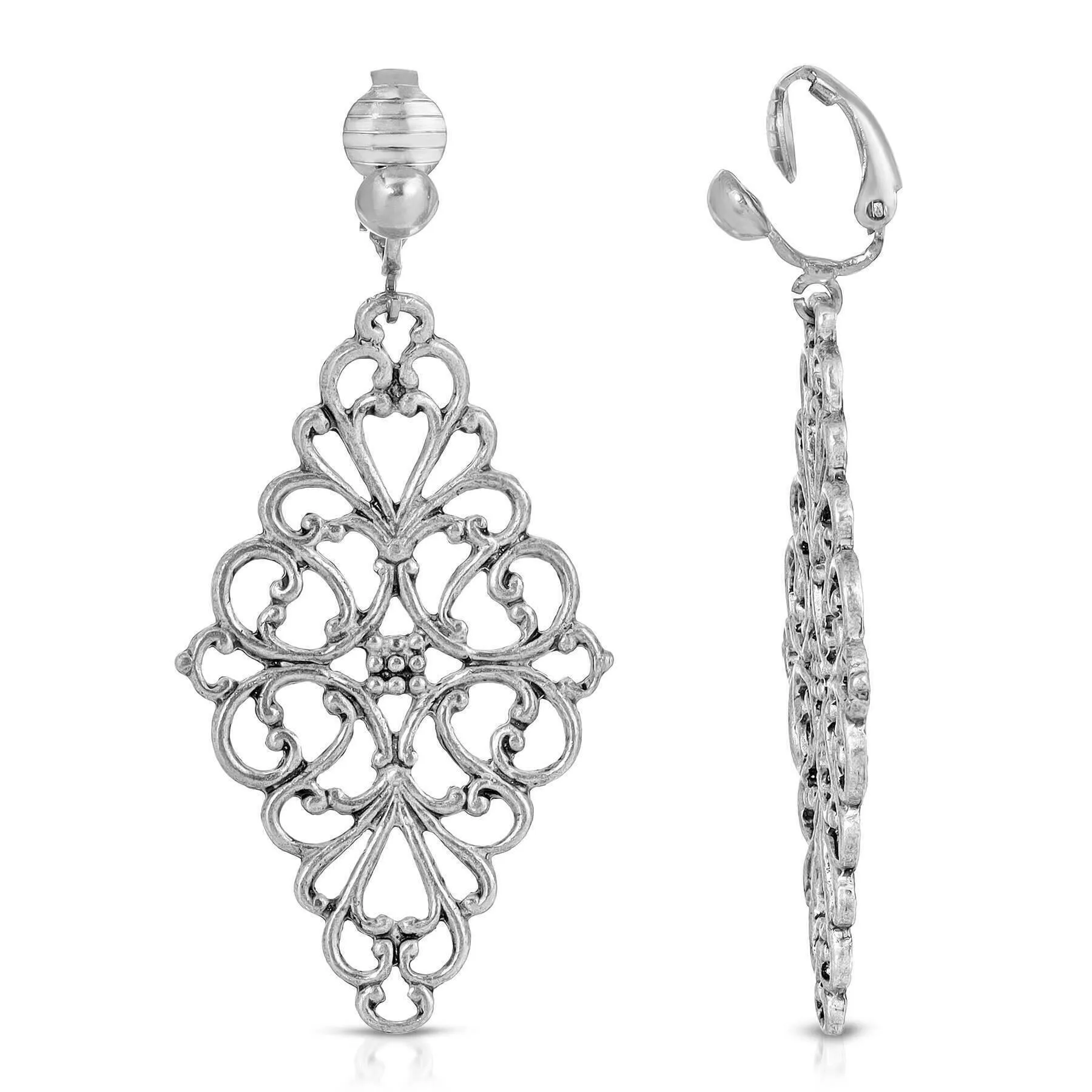 1928 Jewelry Filigree Diamond Drop Clip On Earrings 1928 Jewelry
