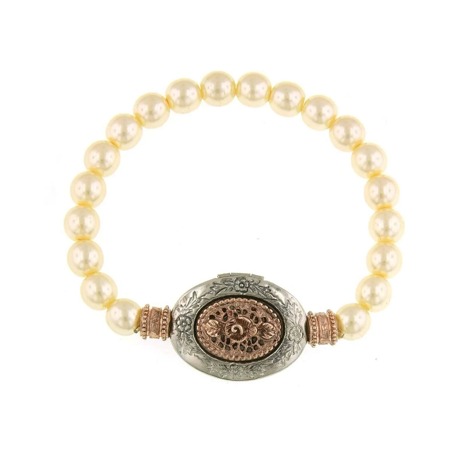 1928 Jewelry Filigree Floral Etched Faux Pearl Locket Stretch Bracelet 1928 Jewelry