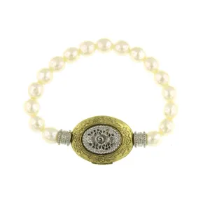 1928 Jewelry Filigree Floral Etched Faux Pearl Locket Stretch Bracelet 1928 Jewelry