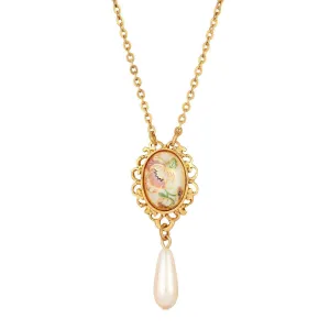 1928 Jewelry Filigree Floral Pendant Faux Pearl Teardrop Necklace 16"   3" Extender 1928 Jewelry