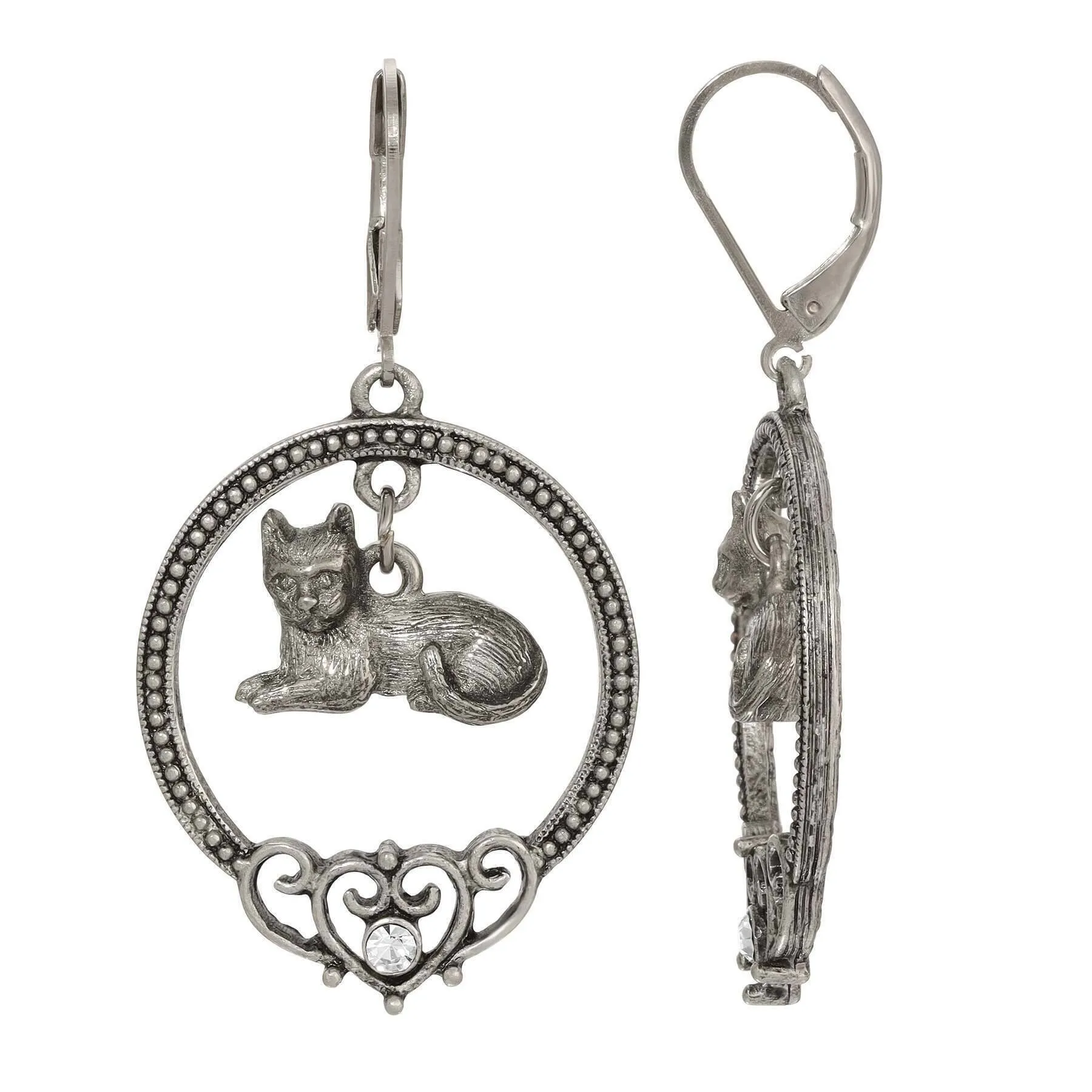 1928 Jewelry Filigree Heart & Crystal Cat Round Drop Earrings 1928 Jewelry