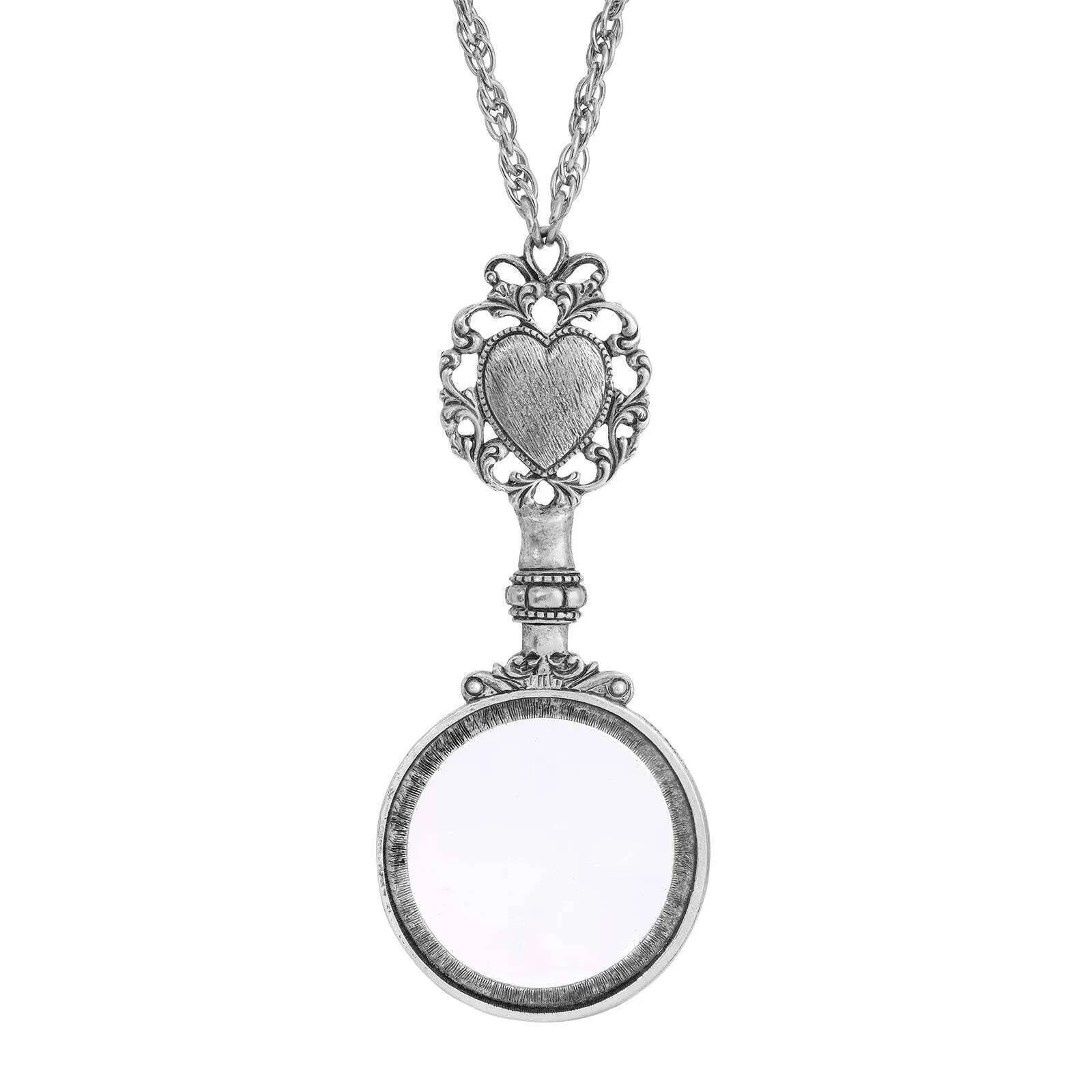 1928 Jewelry Filigree Heart And Round Magnifying Glass Pendant Necklace 28" - Magnification Power: 2X 1928 Jewelry