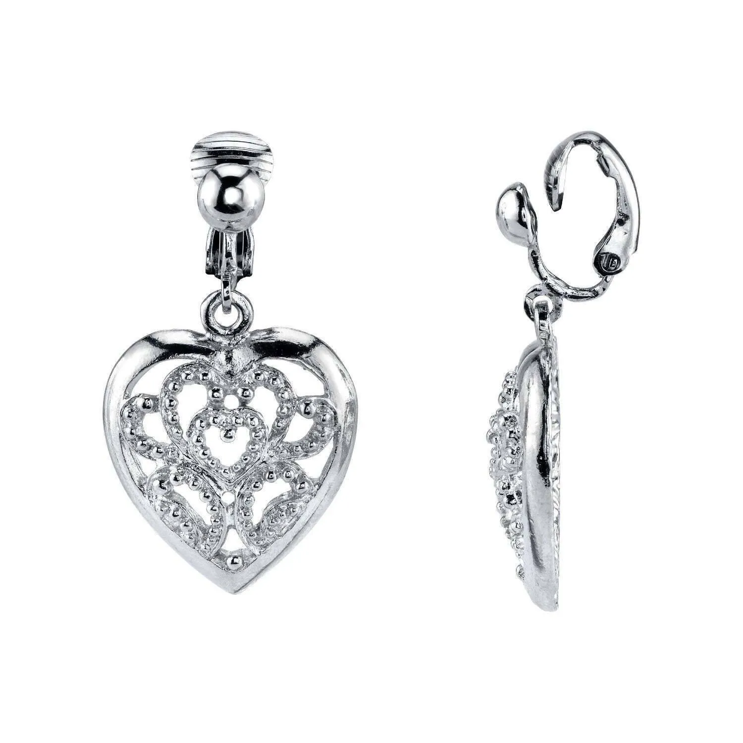 1928 Jewelry Filigree Heart Clip On Drop Earrings 1928 Jewelry
