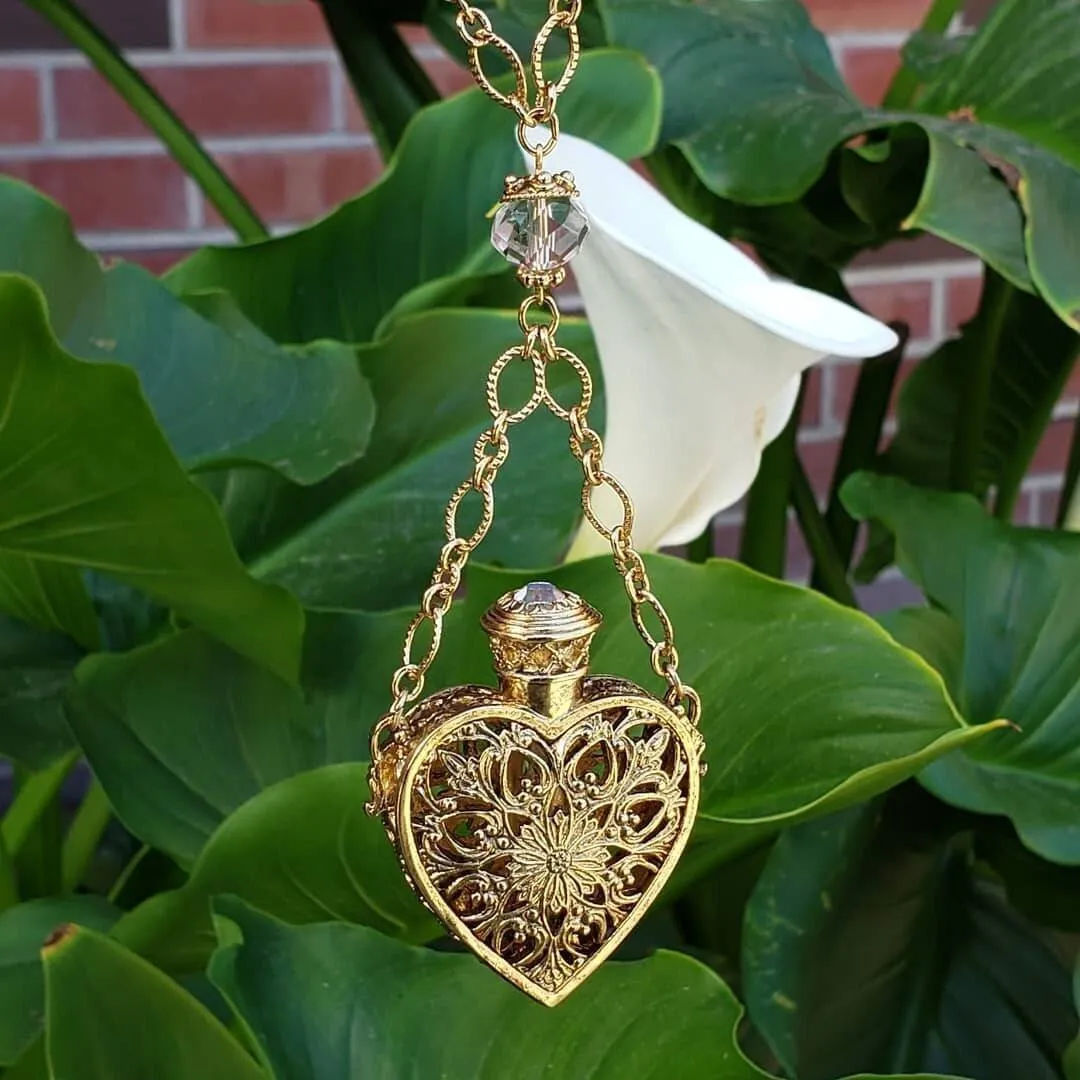 1928 Jewelry Filigree Heart Crystal Accent Glass Vial Necklace 30" 1928 Jewelry