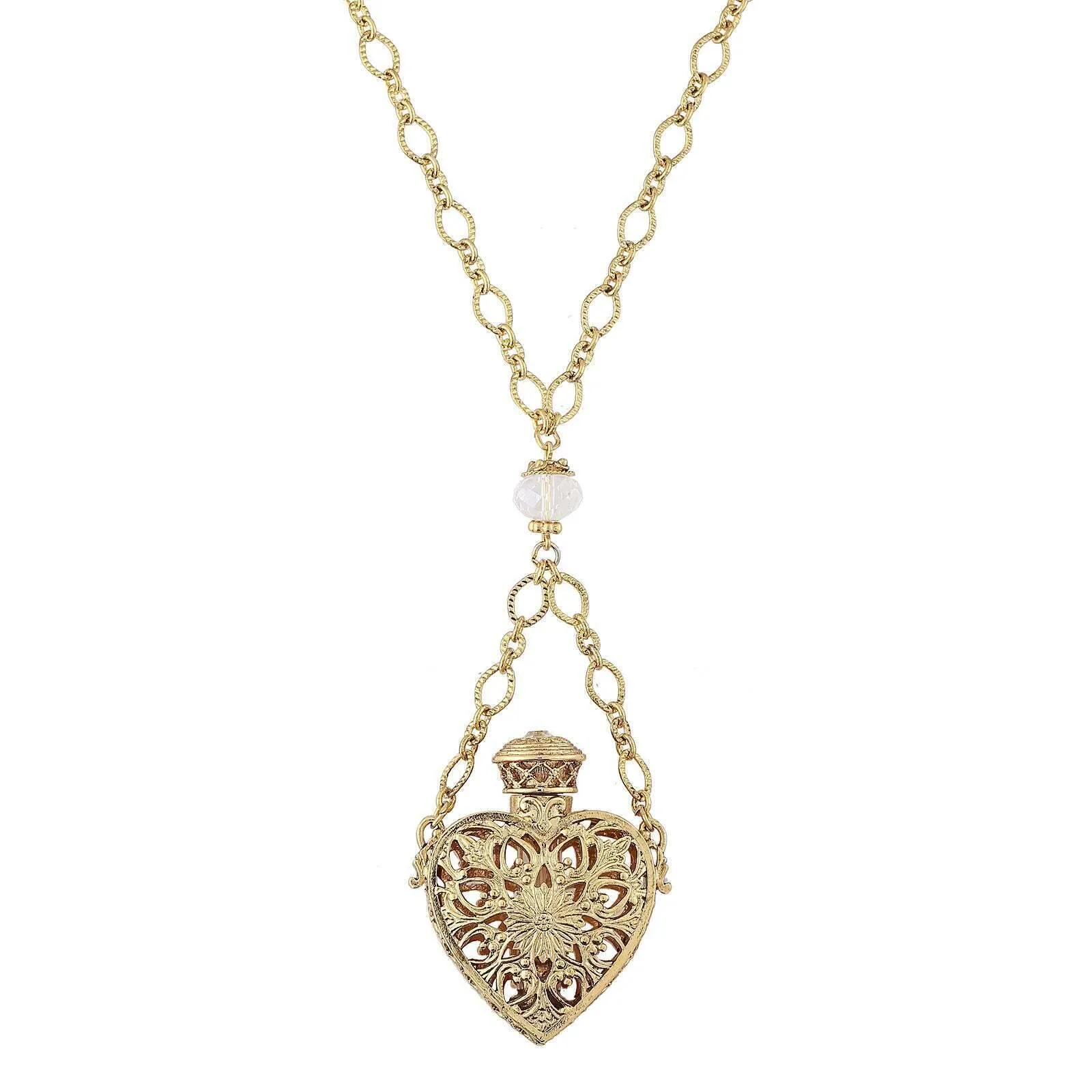 1928 Jewelry Filigree Heart Crystal Accent Glass Vial Necklace 30" 1928 Jewelry