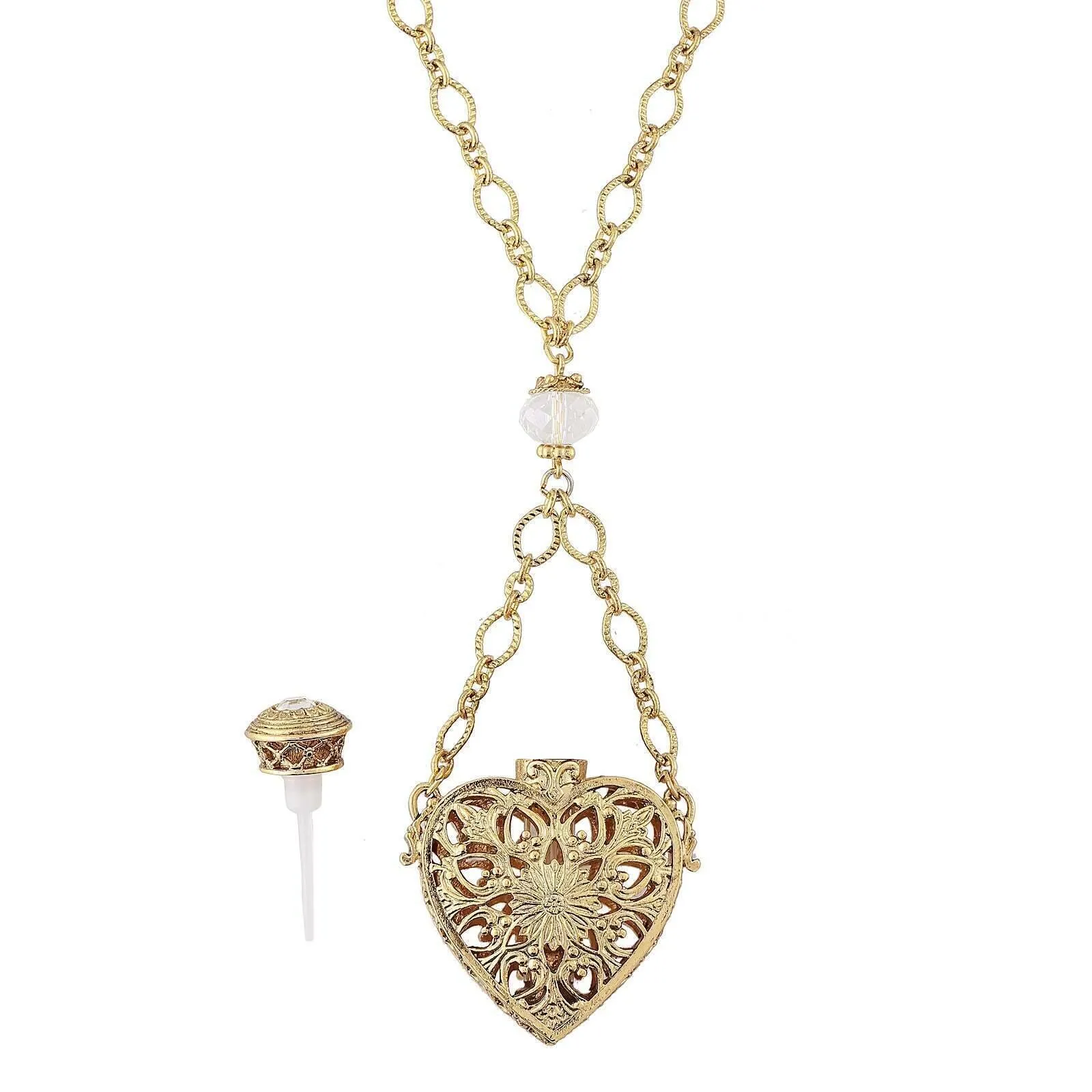 1928 Jewelry Filigree Heart Crystal Accent Glass Vial Necklace 30" 1928 Jewelry