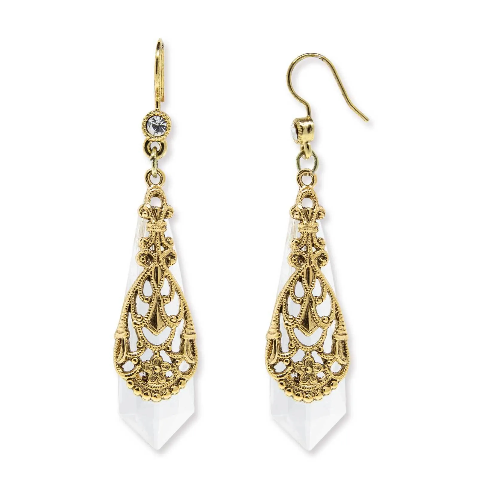 1928 Jewelry Filigree Over Clear Faceted Crystal Drop Earrings 1928 Jewelry