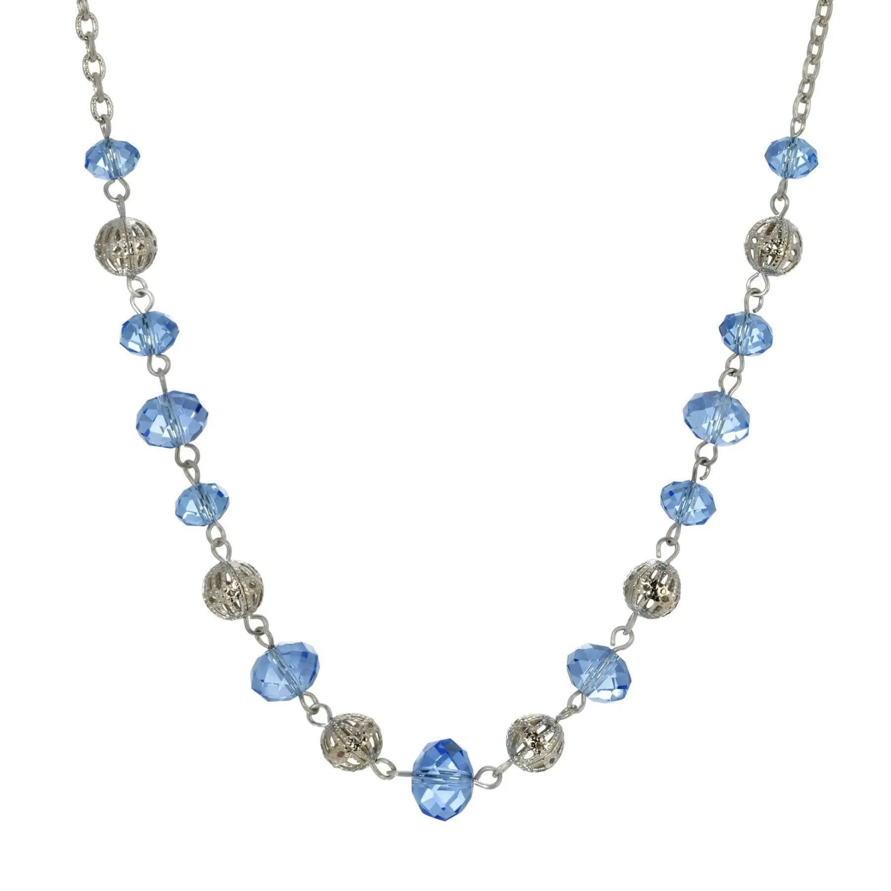 1928 Jewelry Filigree Puff Bead Blue Crystal Chain Necklace 18" 1928 Jewelry
