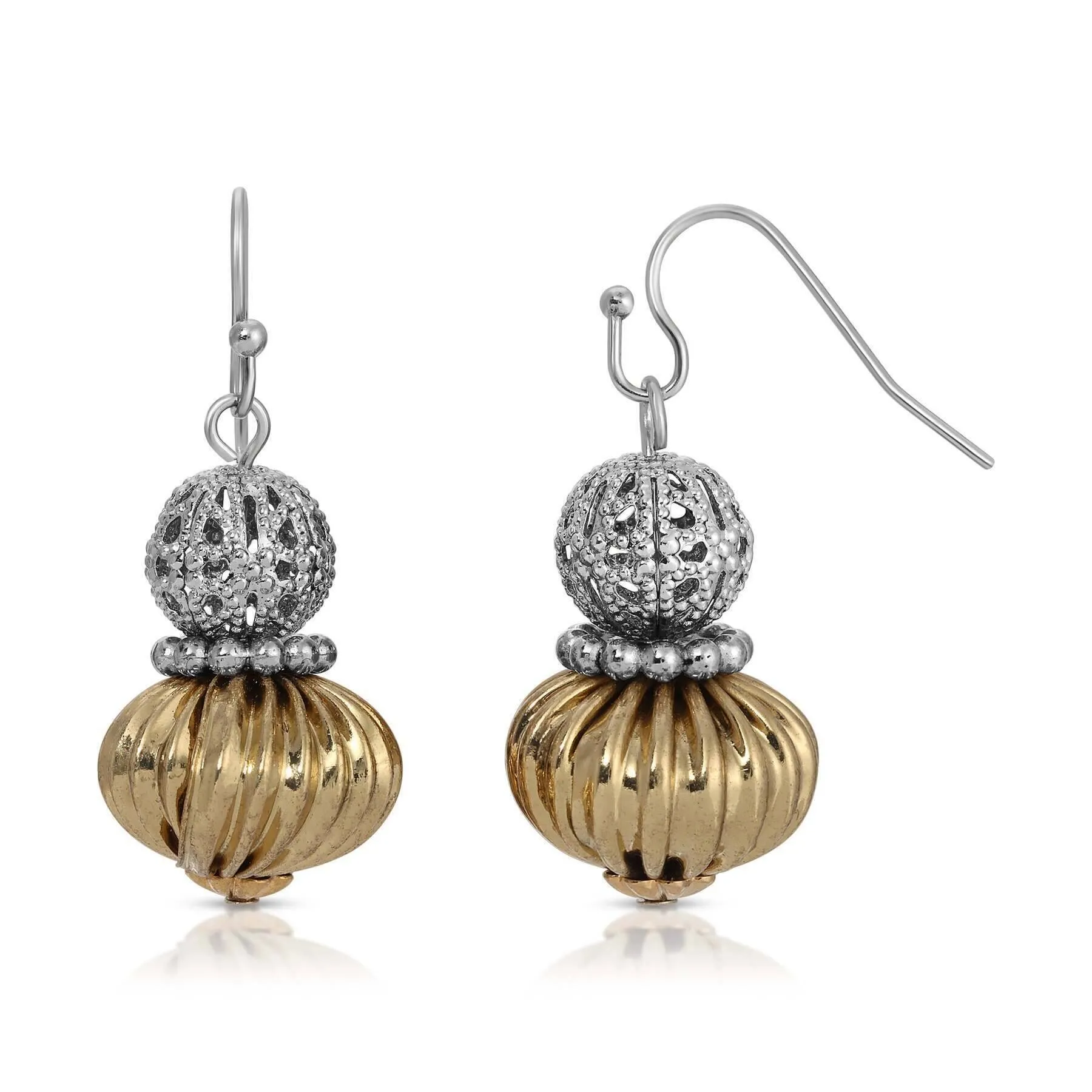 1928 Jewelry Filigree Puff Corrugated Bead Drop Earrings 1928 Jewelry