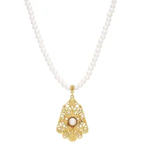 1928 Jewelry Filigree Shield 6mm Faux Pearl Strand Pendant Necklace 15"  3" Extender 1928 Jewelry