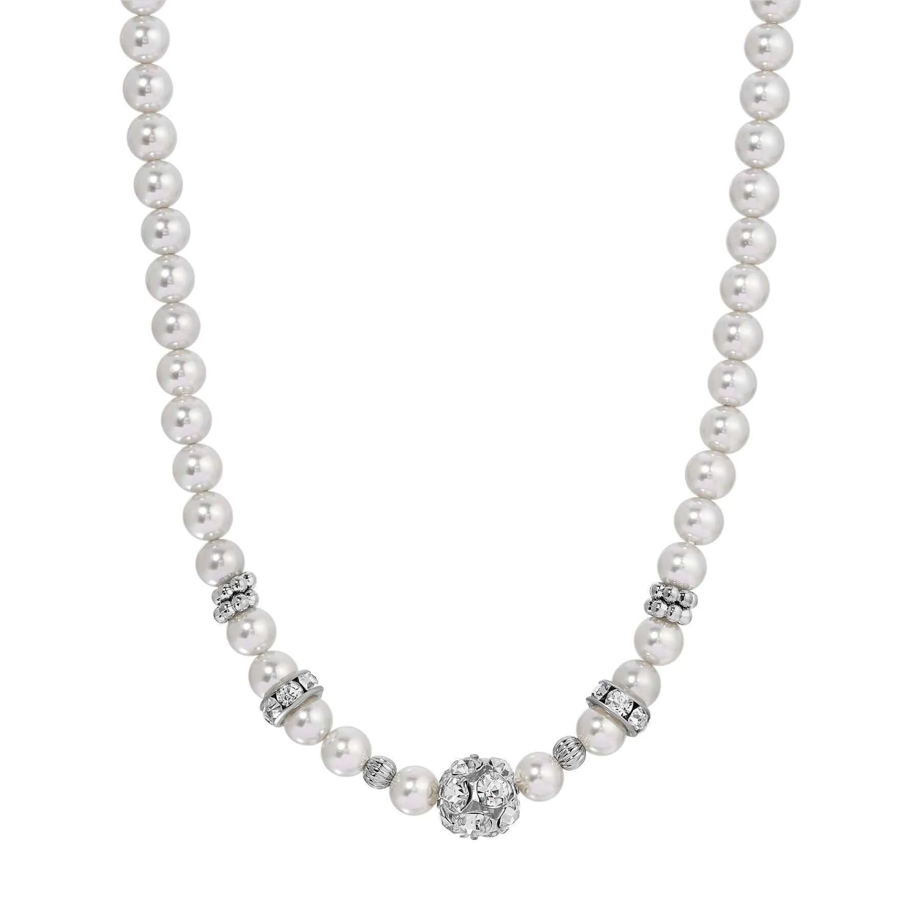 1928 Jewelry Fireball Crystal & Light Grey Faux Pearl Strand Necklace 15"   3" Extender 1928 Jewelry