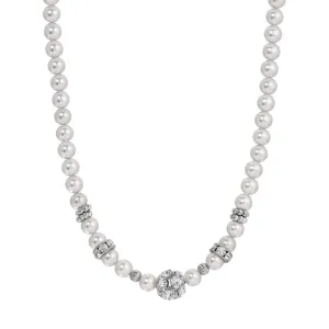 1928 Jewelry Fireball Crystal & Light Grey Faux Pearl Strand Necklace 15"   3" Extender 1928 Jewelry
