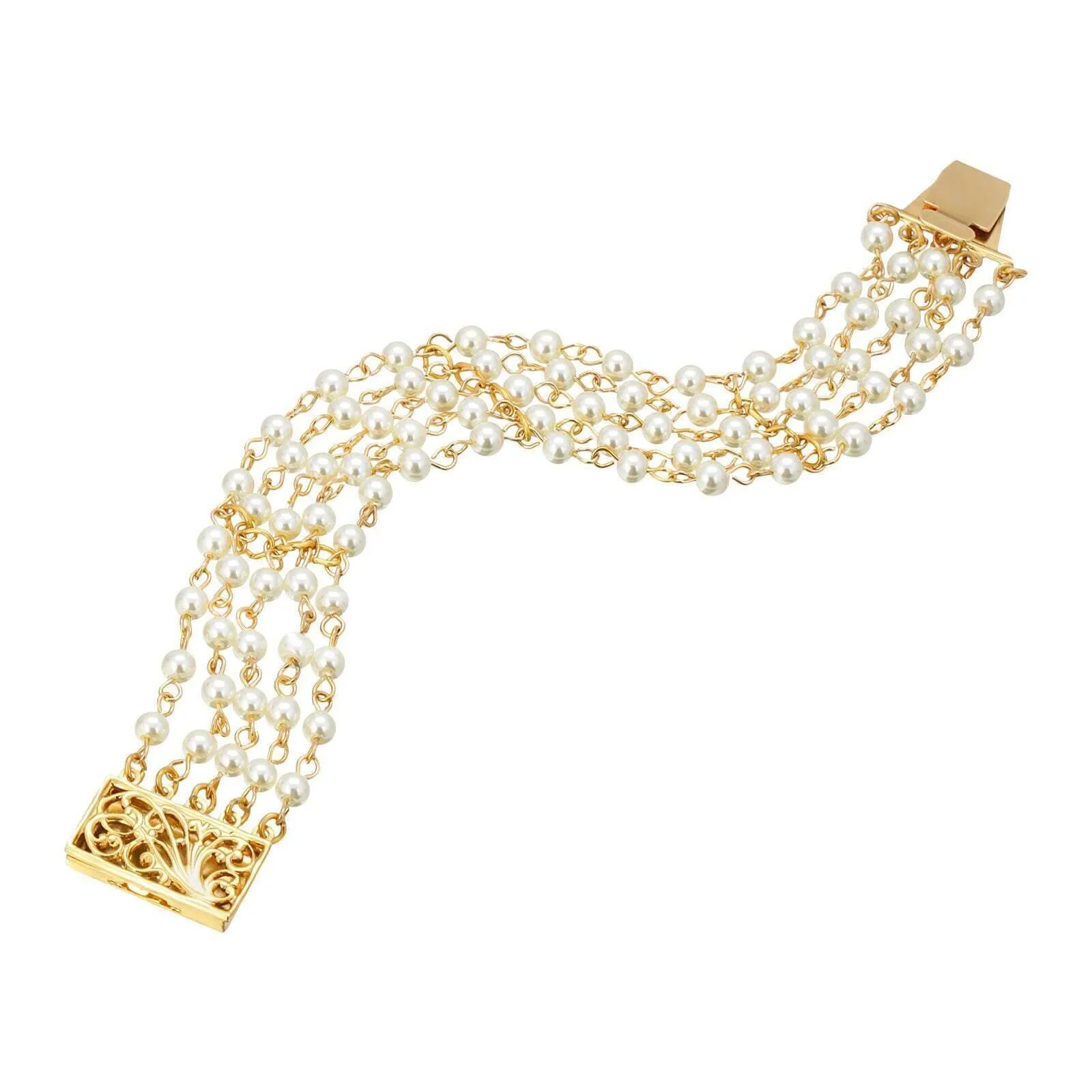 1928 Jewelry Five Row White Faux Pearl Clasp Bracelet 1928 Jewelry
