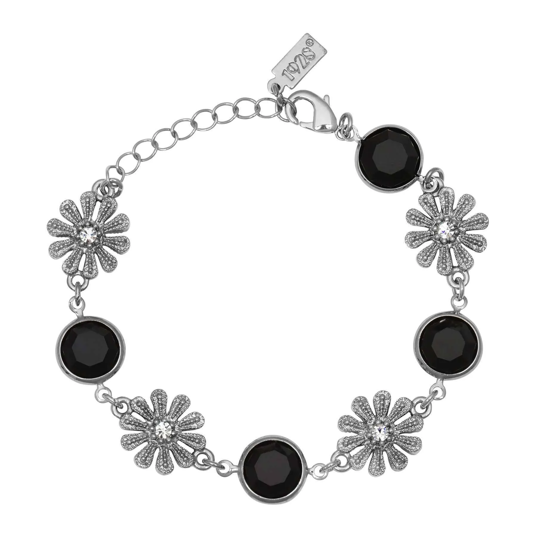 1928 Jewelry Fleawort Flower Crystal & Round Black Austrian Channel Crystal Flower Bracelet 1928 Jewelry