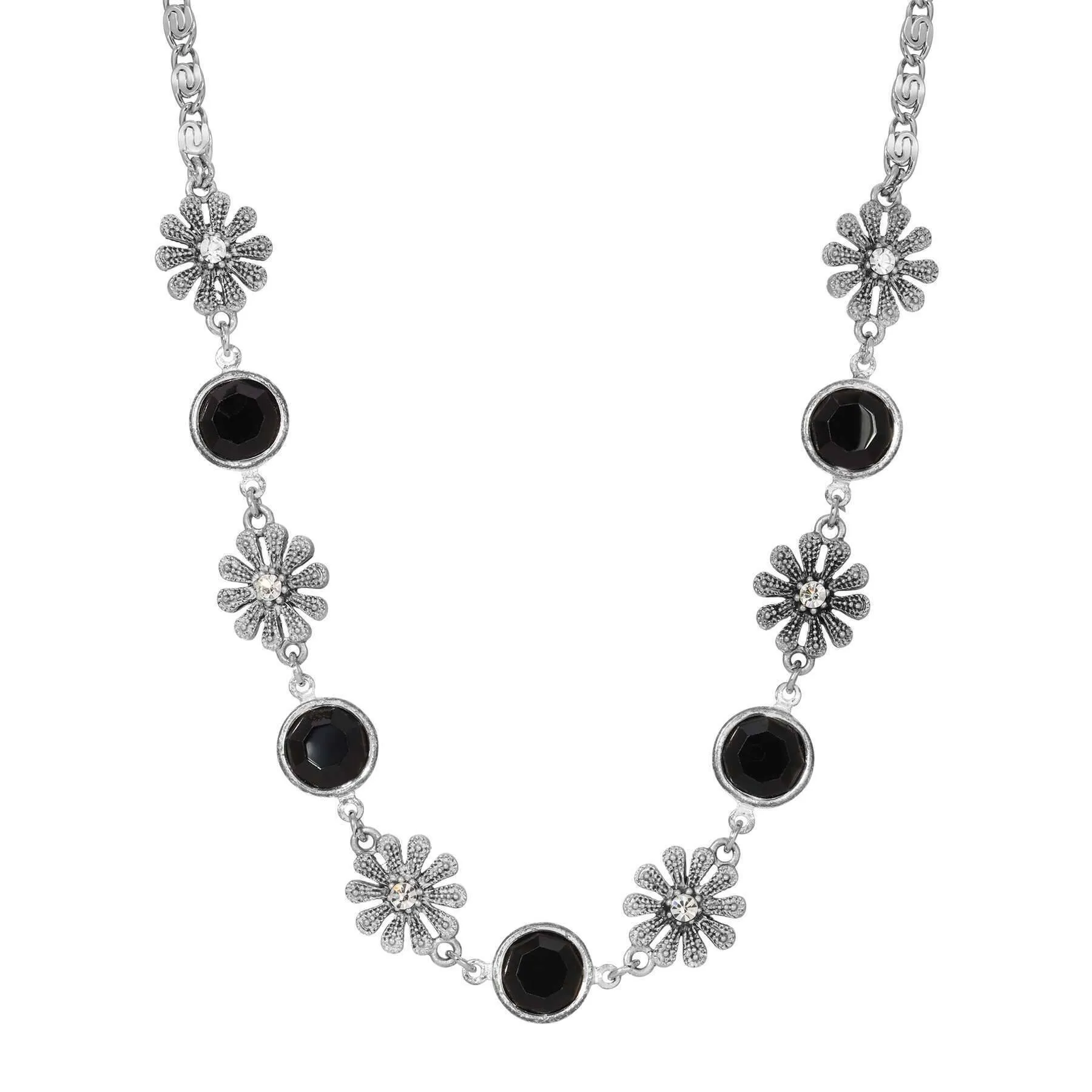 1928 Jewelry Fleawort Flower Crystal & Round Black Austrian Channel Crystal Flower Necklace 16"   3" Extension 1928 Jewelry