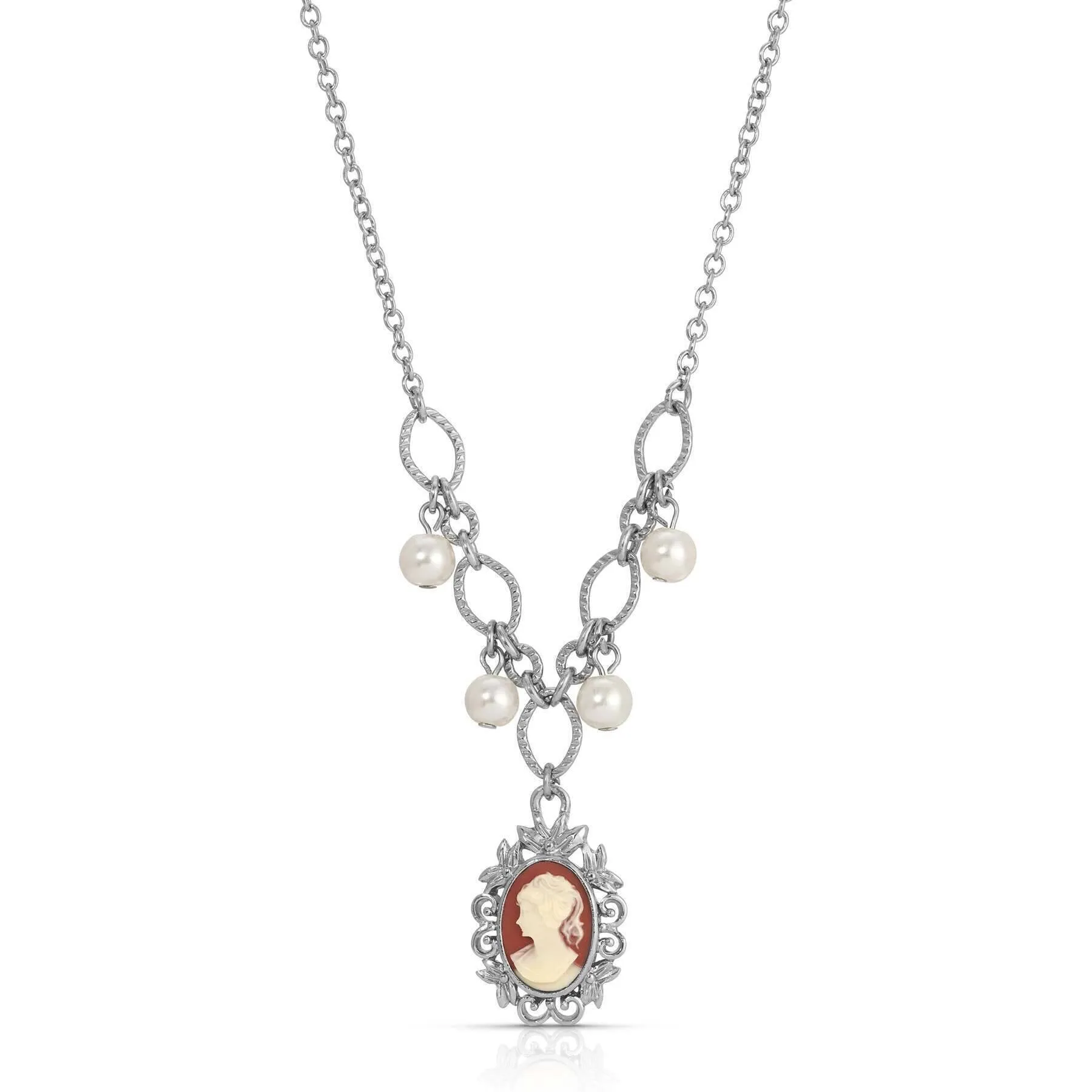 1928 Jewelry Floral Filigree Carnelian Red Cameo Pearl Pendant Necklace Pendant Necklace 16"   3" Extender 1928 Jewelry