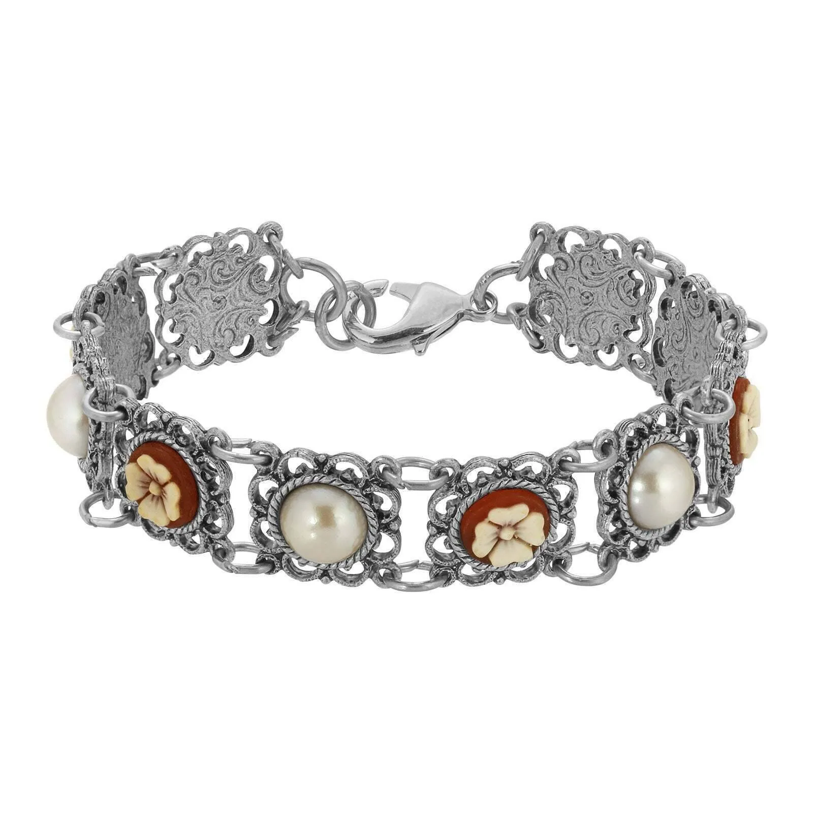 1928 Jewelry Floral Link Faux Pearl & Ivory Flower Stone Bracelet 1928 Jewelry