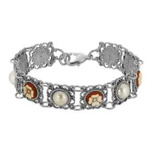1928 Jewelry Floral Link Faux Pearl & Ivory Flower Stone Bracelet 1928 Jewelry