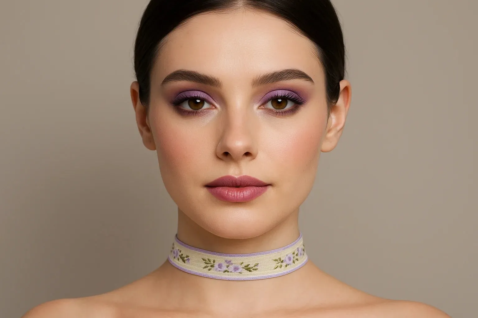 1928 Jewelry Floral Ribbon Choker With Lilac Purple Trim Necklace 12"   5" Extender 1928 Jewelry