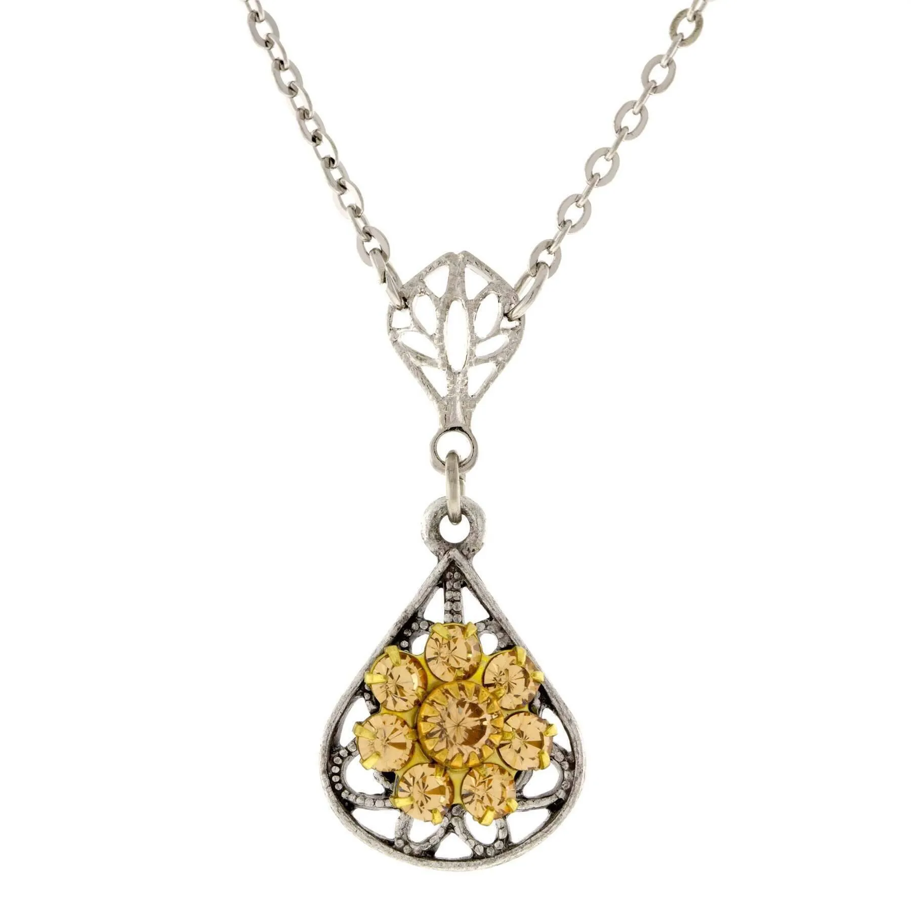 1928 Jewelry Flower Crystal Cluster Teardrop Pendant Necklace 16"   3" Extender 1928 Jewelry