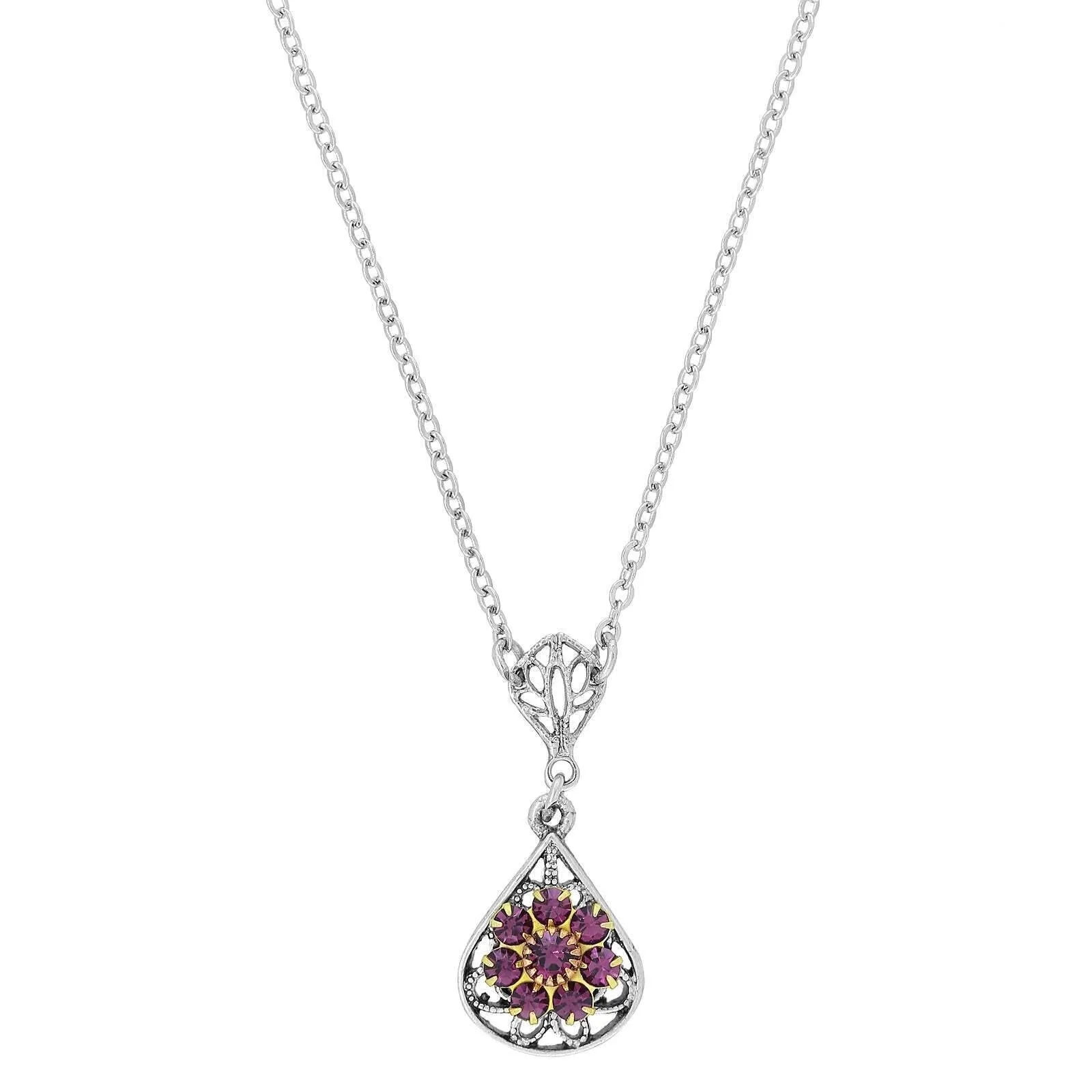 1928 Jewelry Flower Crystal Cluster Teardrop Pendant Necklace 16"   3" Extender 1928 Jewelry