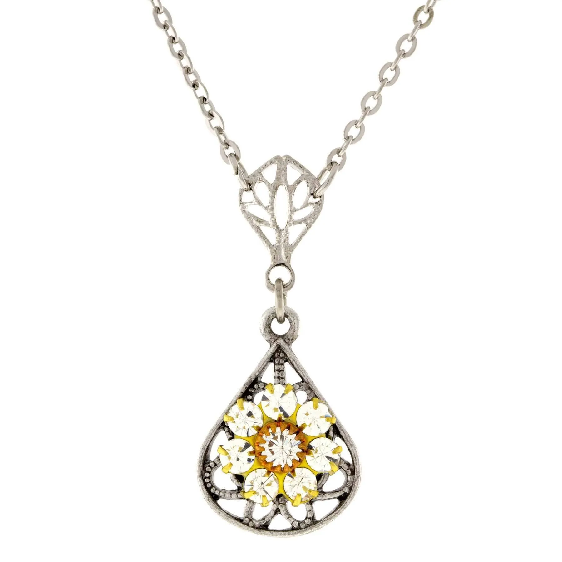 1928 Jewelry Flower Crystal Cluster Teardrop Pendant Necklace 16"   3" Extender 1928 Jewelry