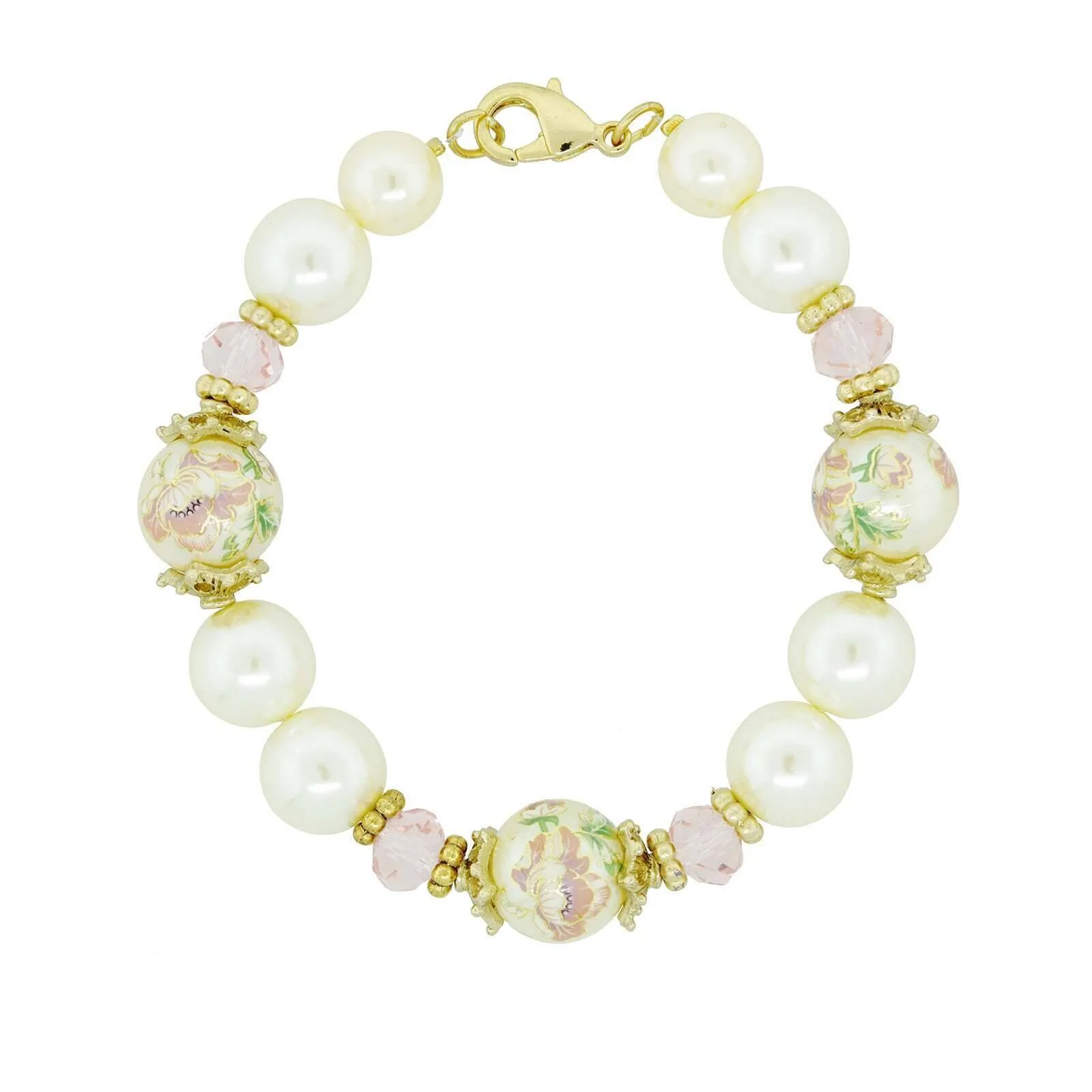 1928 Jewelry Flower Decal Faux Pearl Pink Crystal Bracelet 1928 Jewelry