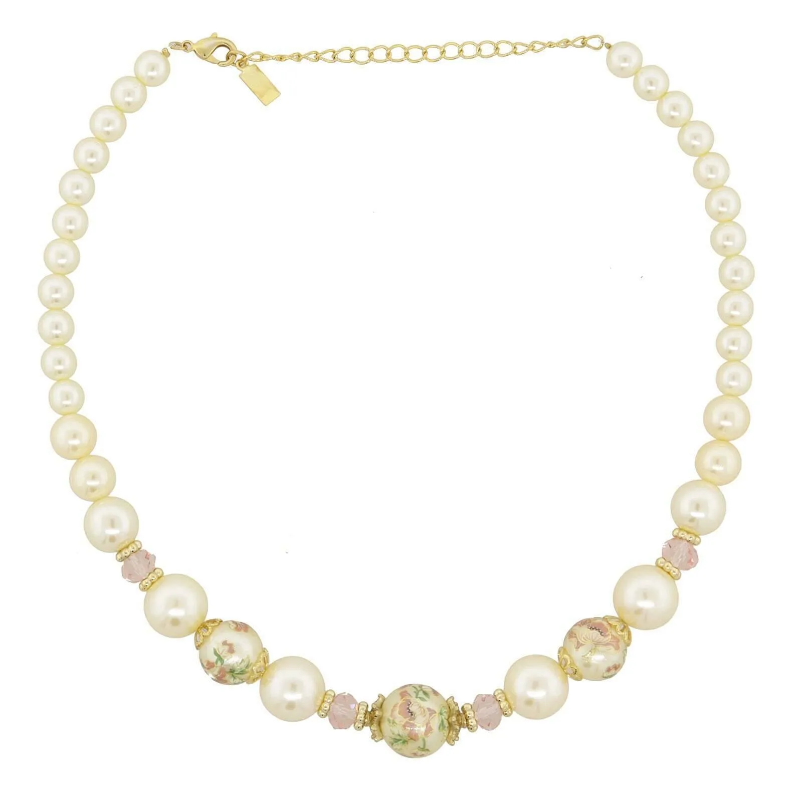 1928 Jewelry Flower Decal Faux Pearl Strand Necklace 16"   3" Extender 1928 Jewelry