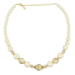 1928 Jewelry Flower Decal Faux Pearl Strand Necklace 16"   3" Extender 1928 Jewelry