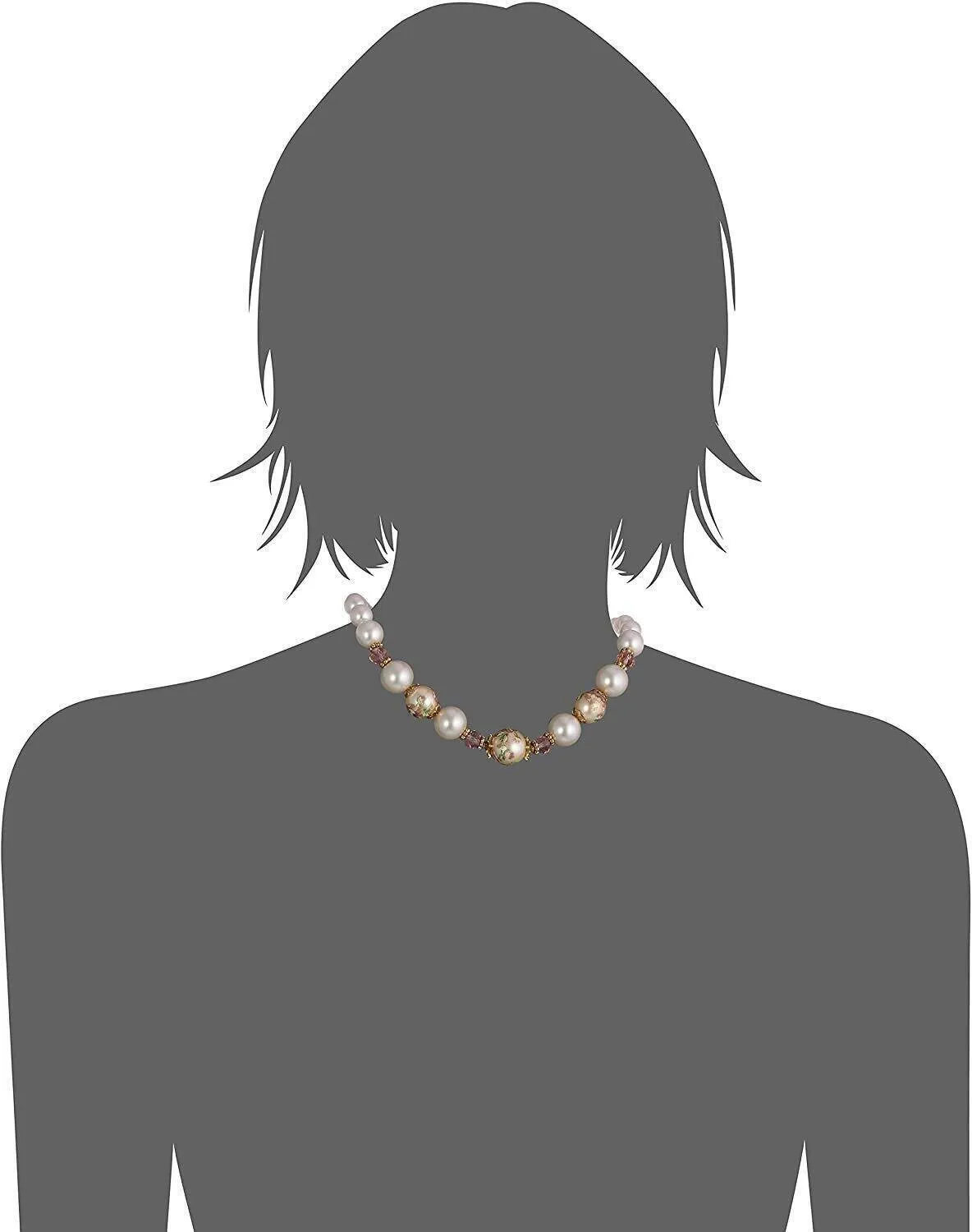 1928 Jewelry Flower Decal Faux Pearl Strand Necklace 16"   3" Extender 1928 Jewelry