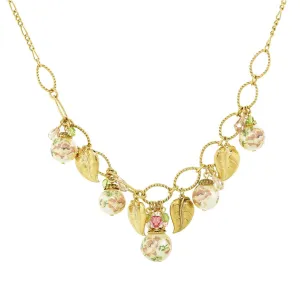 1928 Jewelry Flower Decal Faux Pearl With Gold Leaf Necklace 16"   3" Extender 1928 Jewelry