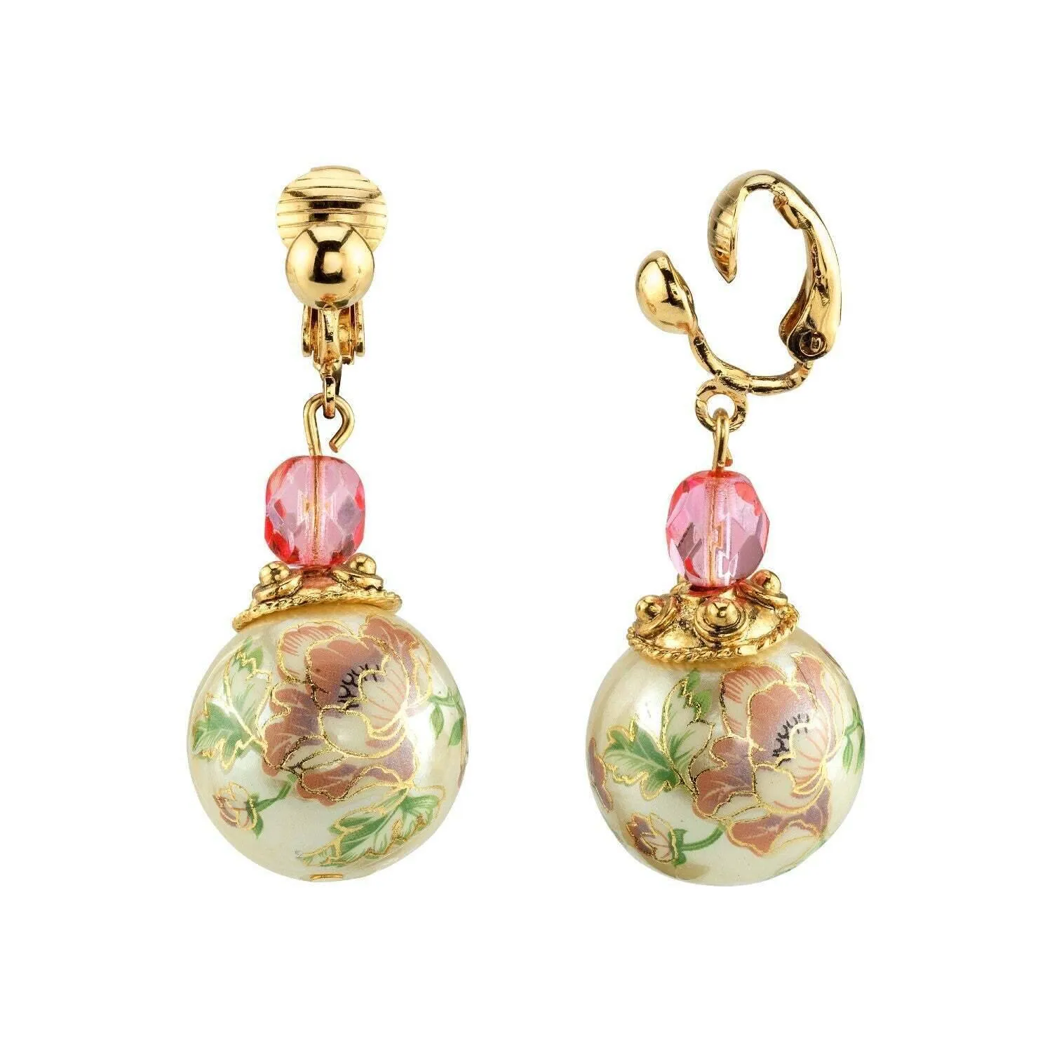 1928 Jewelry Flower Decal Faux Pearl With Pink Crystal Clip On Drop Earrings 1928 Jewelry