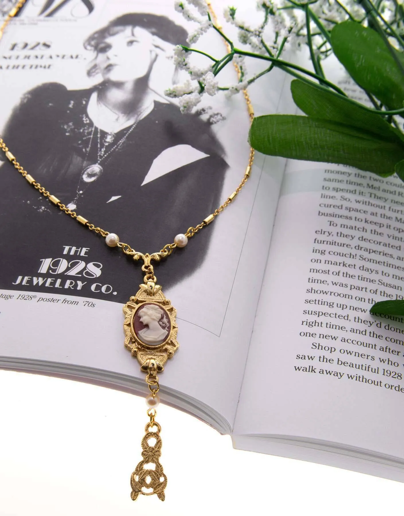 1928 Jewelry Frances Cameo Pendant Faux Pearl & Leaf Drop 24" Necklace 1928 Jewelry