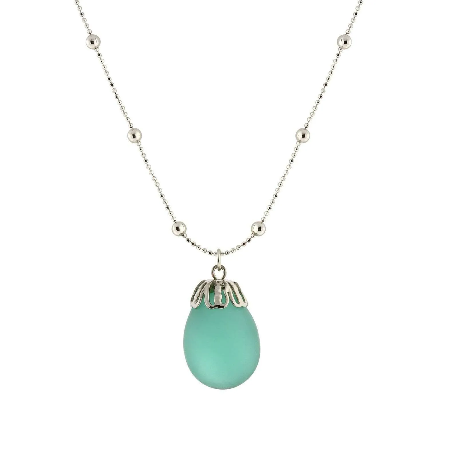 1928 Jewelry Frosted Glass Egg Pendant Beaded Chain Necklace 16"   3" Extender 1928 Jewelry