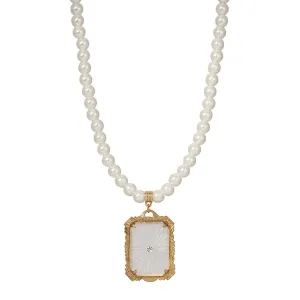 1928 Jewelry Frosted Lalique Glass Pendant 6mm Faux Pearl Strand Necklace 16"   3" Extender 1928 Jewelry