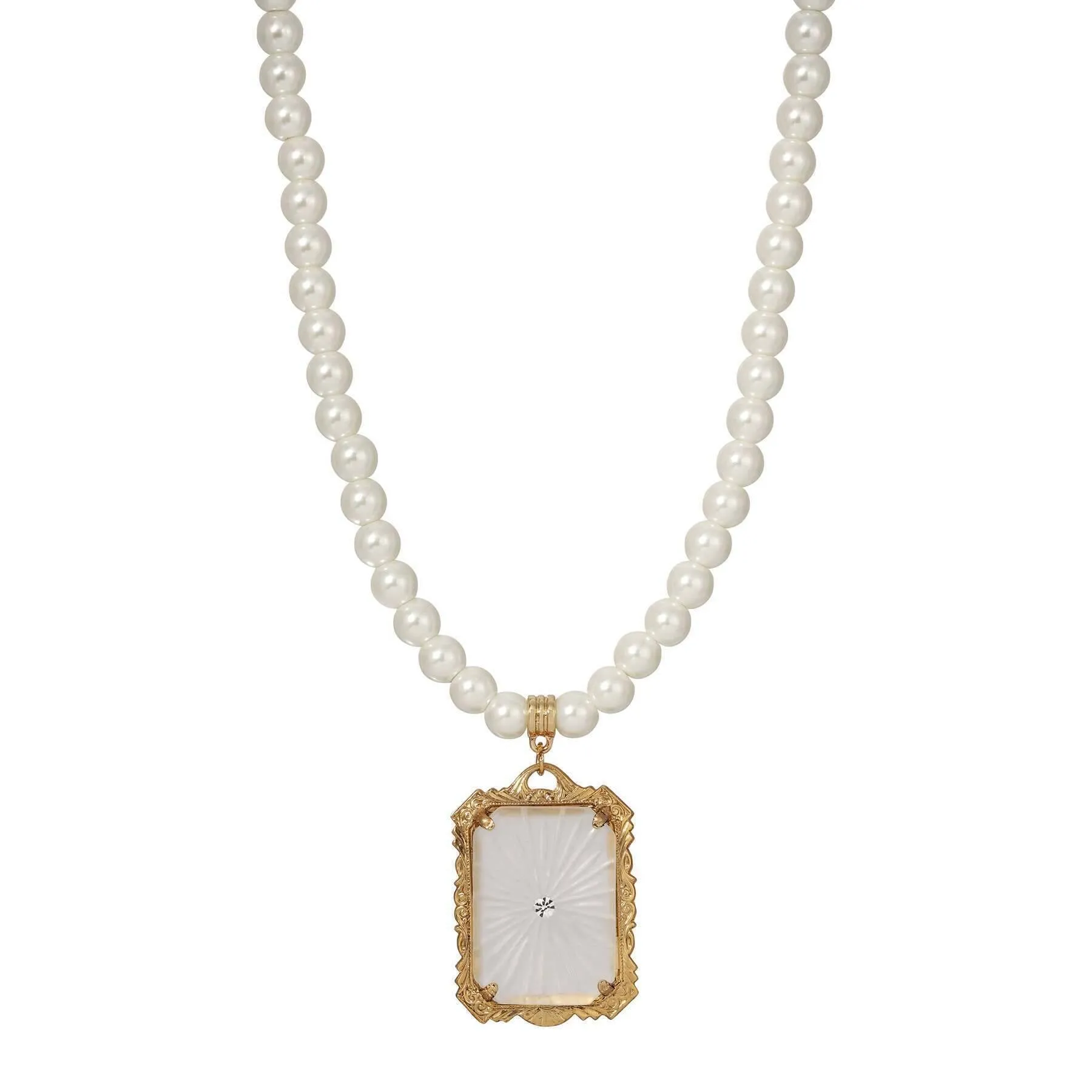 1928 Jewelry Frosted Lalique Glass Pendant 6mm Faux Pearl Strand Necklace 16"   3" Extender 1928 Jewelry