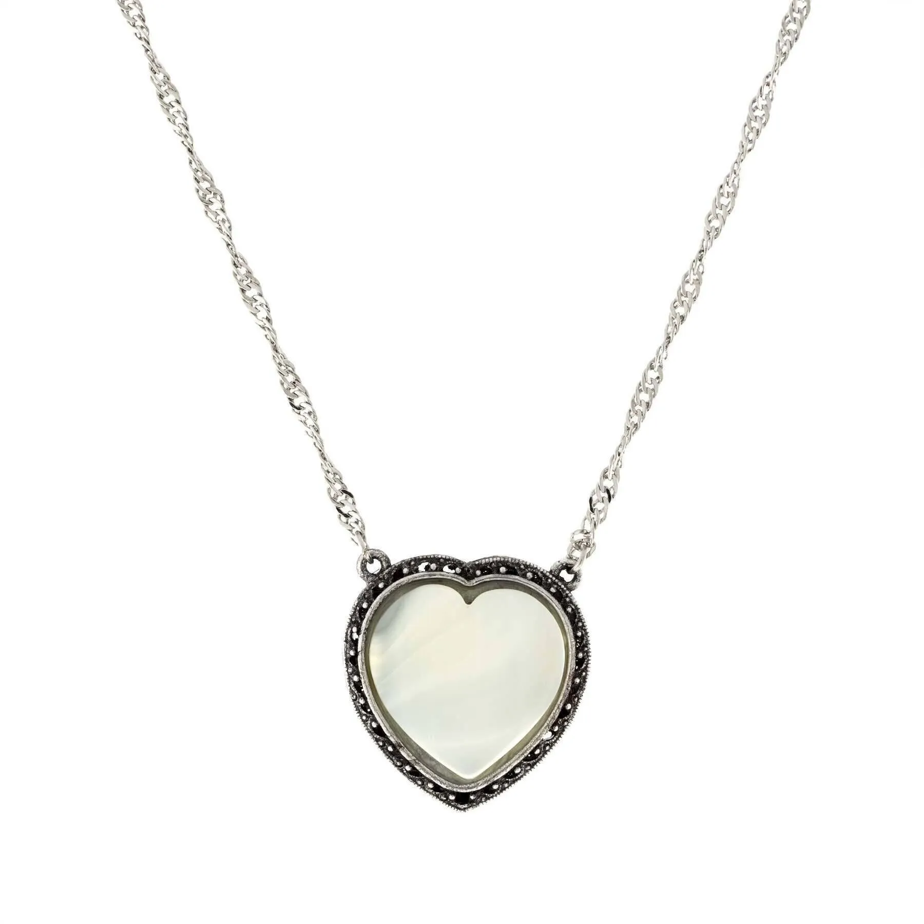 1928 Jewelry Gemstone Costume Mother Of Pearl Heart Pendant Necklace 16"   3" Extender 1928 Jewelry