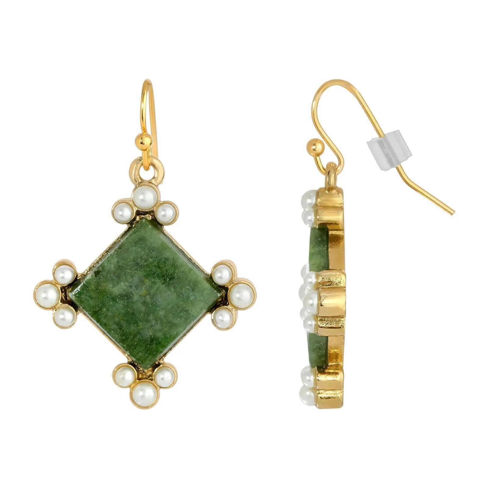 1928 Jewelry Gemstone Green Aventurine Faux Pearl Accent Drop Earrings 1928 Jewelry