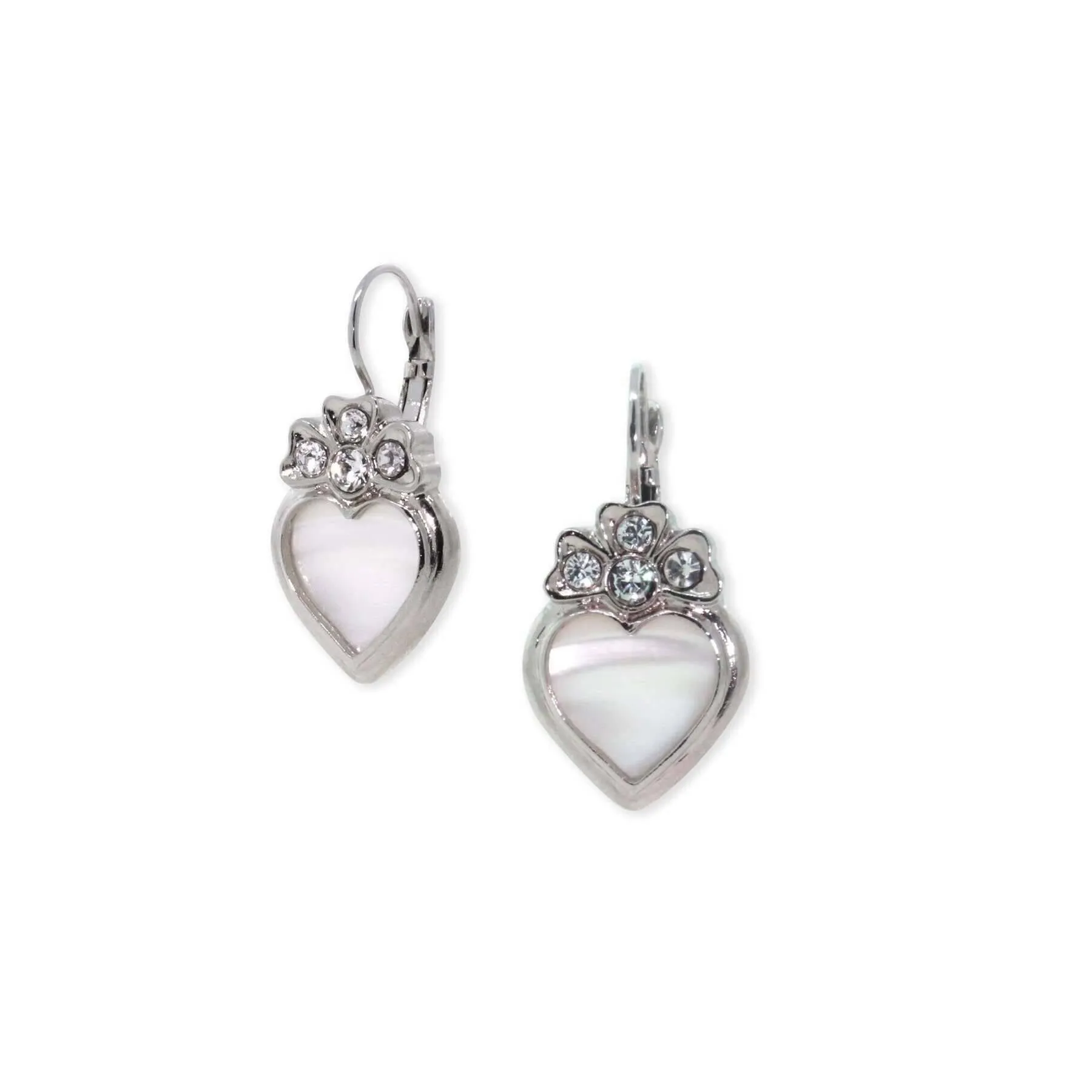 1928 Jewelry Genuine Mother Of Pearl Heart Crystal Lever Back Earrings 1928 Jewelry