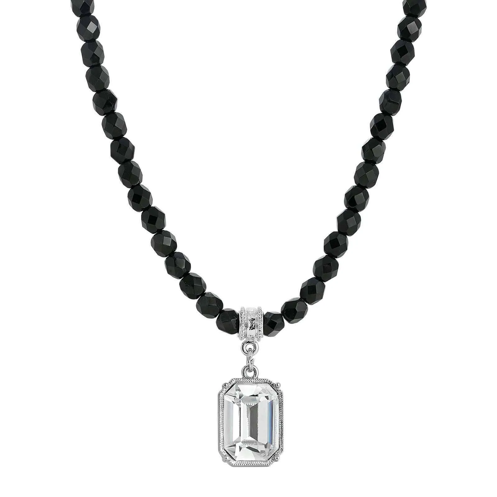 1928 Jewelry Genuine Octagon Austrian Crystal Black Glass Beaded Pendant Necklace 15"   3" Extender 1928 Jewelry