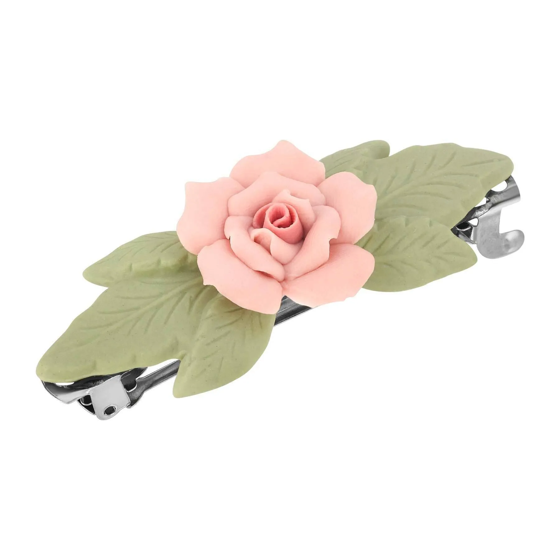 1928 Jewelry Genuine Porcelain Rose And Green Leaf French Hair Barrette 1928 Jewelry