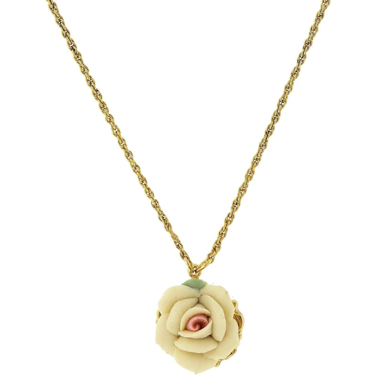 1928 Jewelry Genuine Porcelain Rose Pendant Necklace 16"   3" Extender 1928 Jewelry