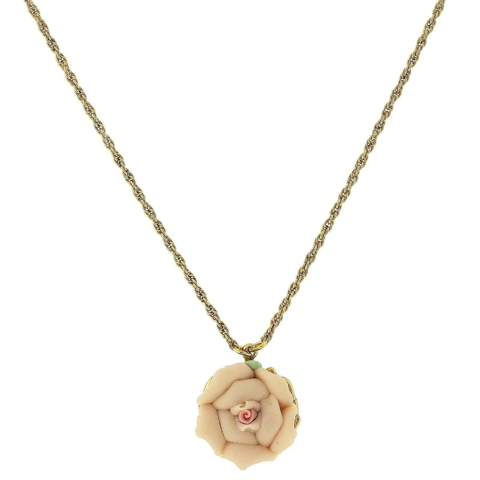 1928 Jewelry Genuine Porcelain Rose Pendant Necklace 16"   3" Extender 1928 Jewelry