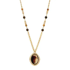 1928 Jewelry German Oval Tortoise Antique Glass Stone Beaded Pendant Necklace 30" 1928 Jewelry