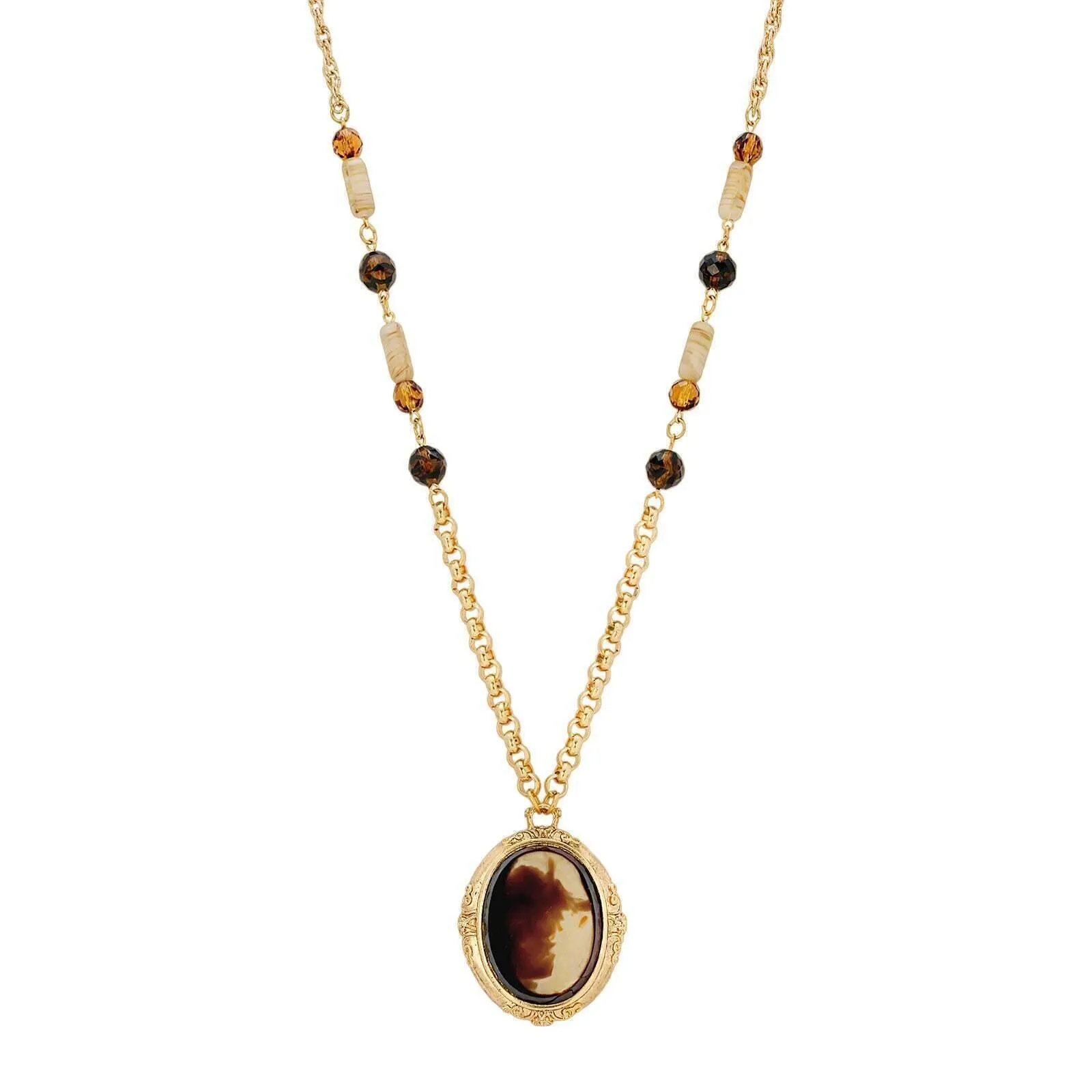 1928 Jewelry German Oval Tortoise Antique Glass Stone Beaded Pendant Necklace 30" 1928 Jewelry