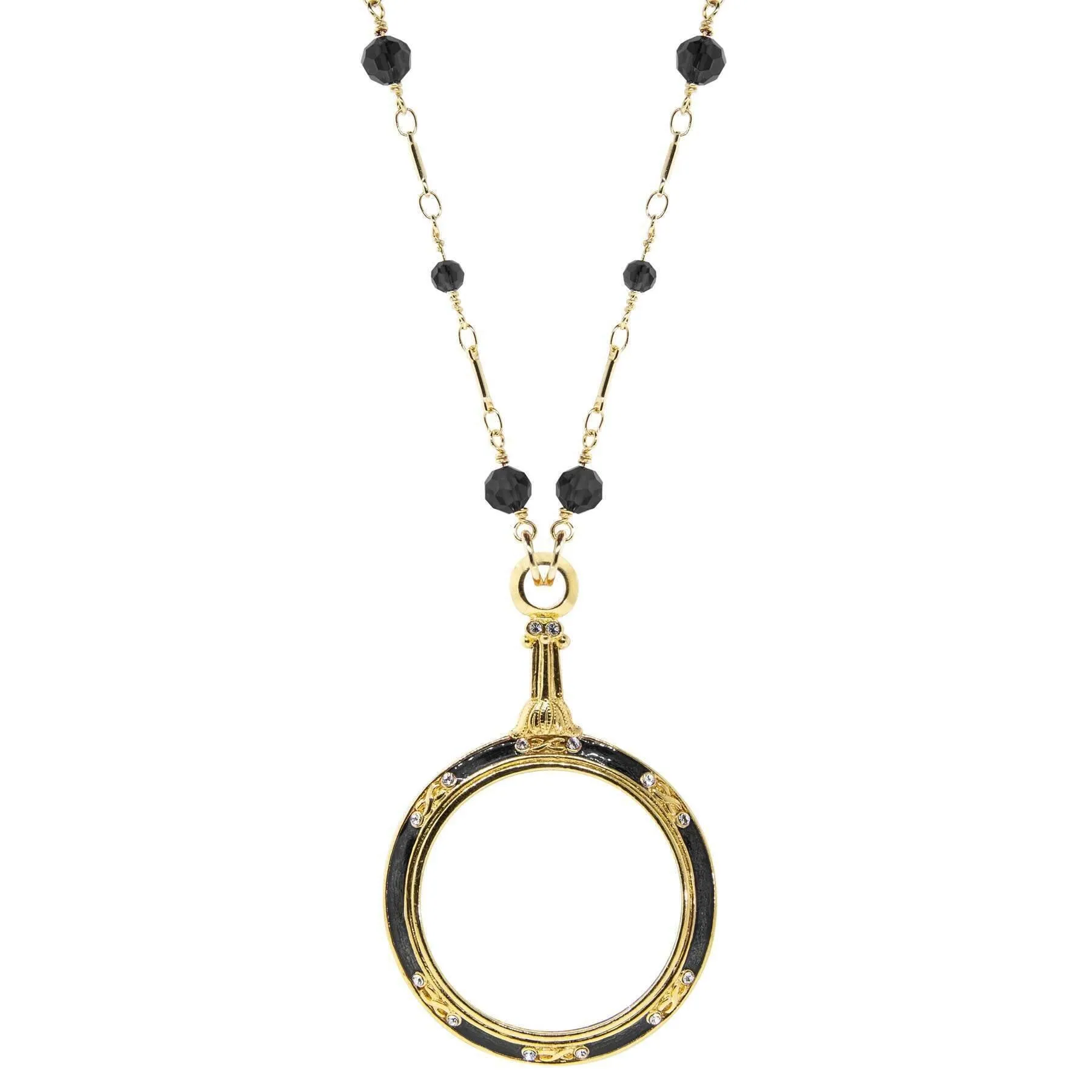 1928 Jewelry Glass Beaded Station Chain Deco Magnification Enamel & Crystal Pendant Necklace 30" - Magnification Power: 1-2X 1928 Jewelry