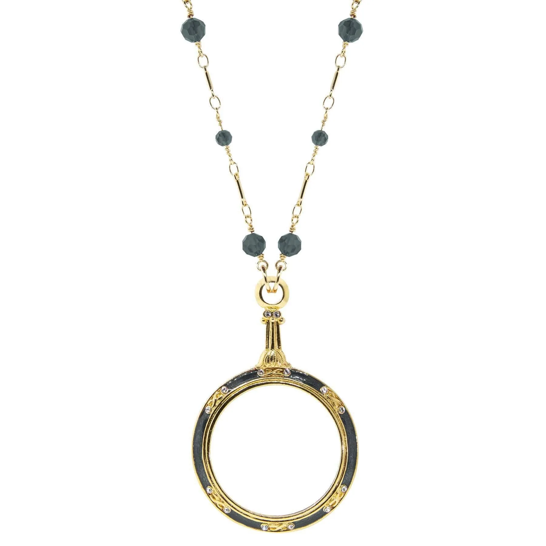 1928 Jewelry Glass Beaded Station Chain Deco Magnification Enamel & Crystal Pendant Necklace 30" - Magnification Power: 1-2X 1928 Jewelry