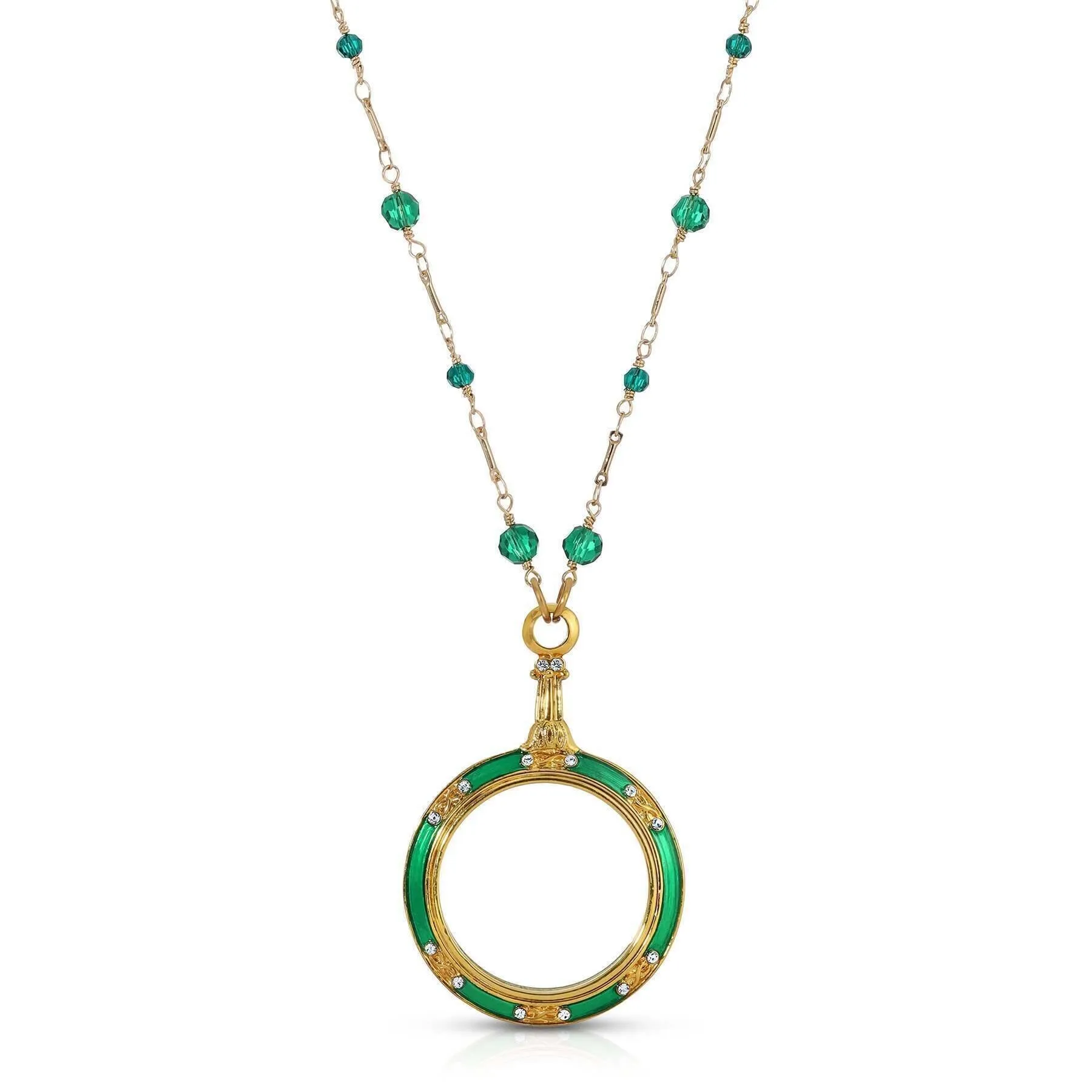 1928 Jewelry Glass Beaded Station Chain Deco Magnification Enamel & Crystal Pendant Necklace 30" - Magnification Power: 1-2X 1928 Jewelry