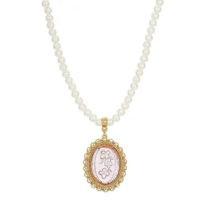 1928 Jewelry Glass Engraved Flowers 5mm Faux Pearl Strand Pendant Necklace, 15"   3" Extender 1928 Jewelry