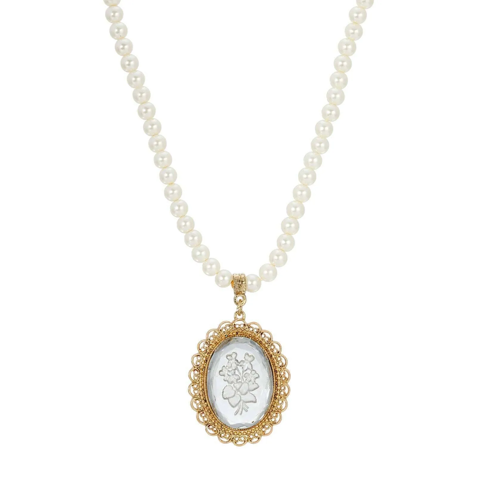 1928 Jewelry Glass Engraved Flowers 5mm Faux Pearl Strand Pendant Necklace, 15"   3" Extender 1928 Jewelry